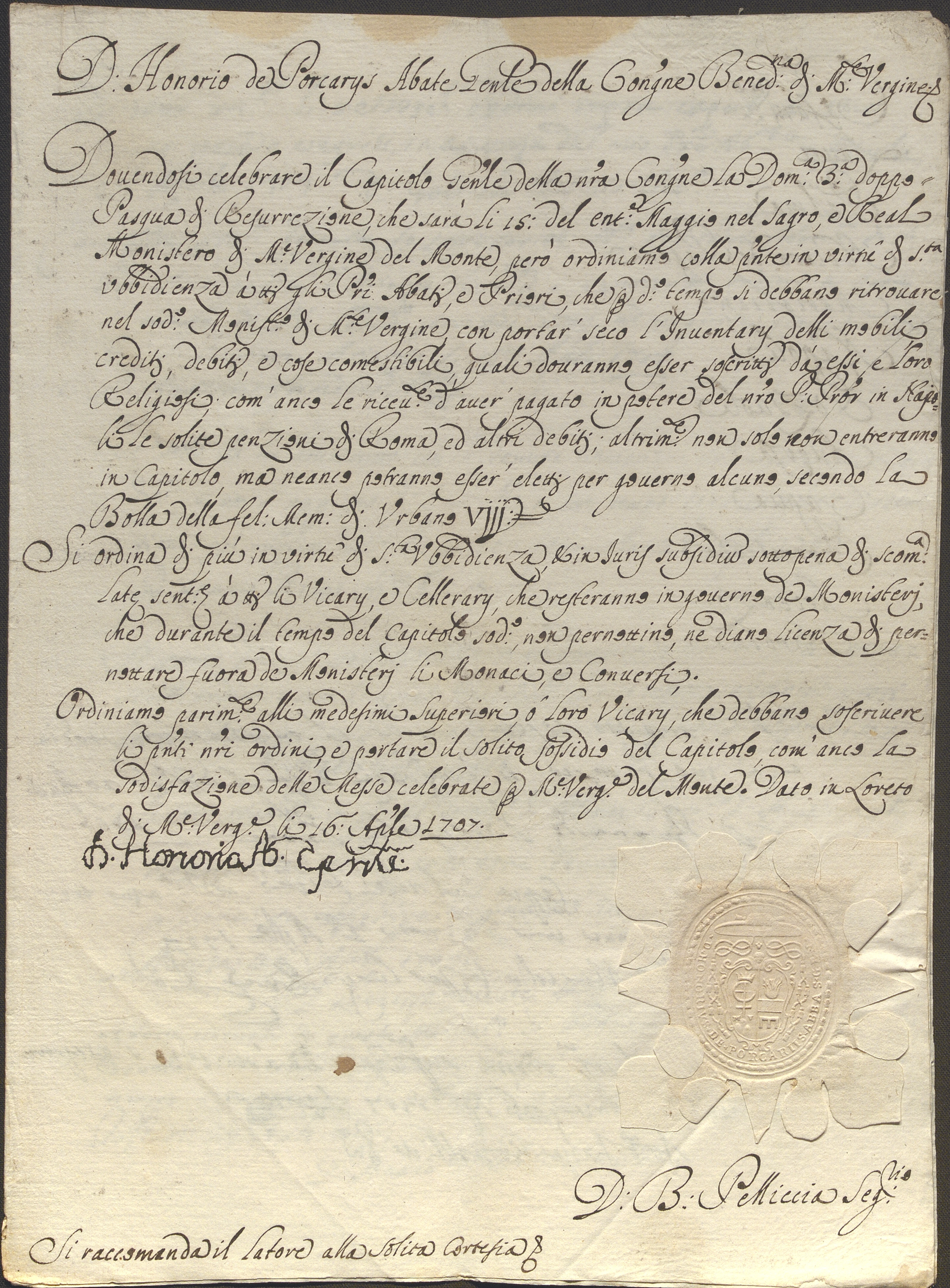 Documento d’archivio relativo a Onorio De Porcariis