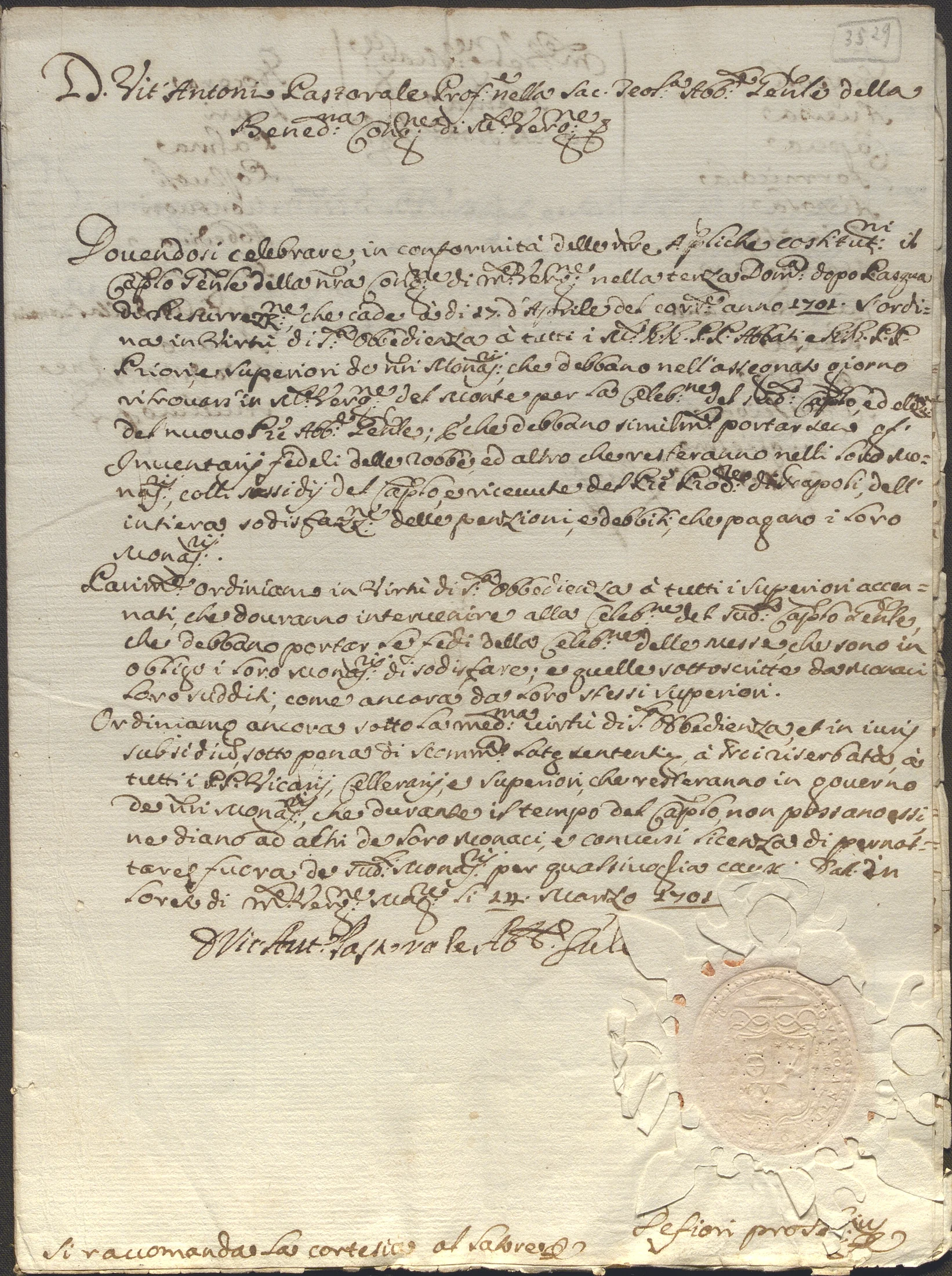 Documento d’archivio relativo a Vitantonio Pastorale, 1